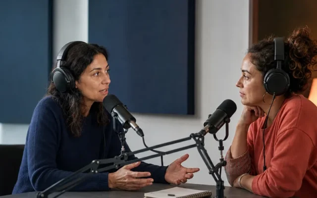 Illustration éditoriale de deux femmes échangeant au micro dans un studio de radio