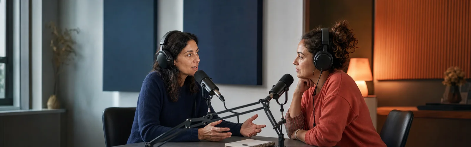 Illustration éditoriale de deux femmes échangeant au micro dans un studio de radio