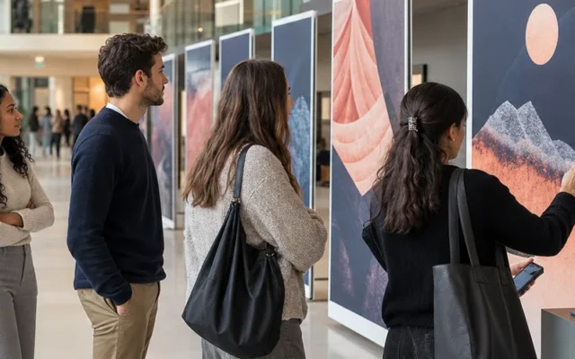 Étudiants adultes découvrant une exposition de prévention dans le hall d’un campus européen, illustration éditoriale MMF