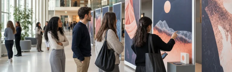 Étudiants adultes découvrant une exposition de prévention dans le hall d’un campus européen, illustration éditoriale MMF