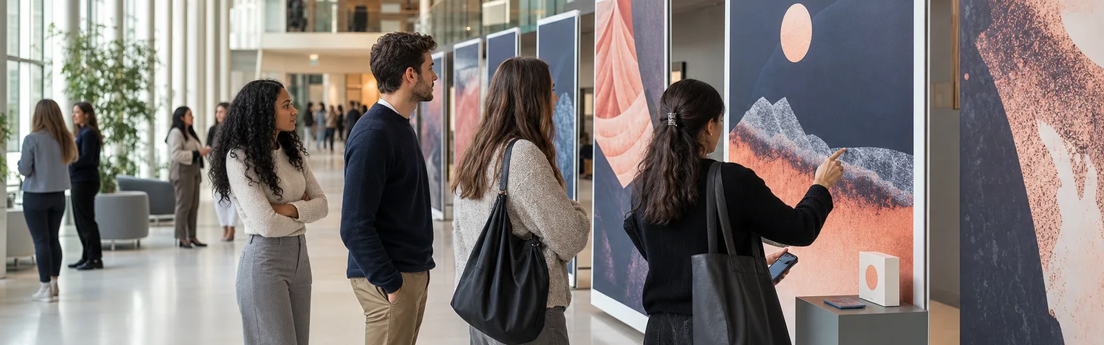 Étudiants adultes découvrant une exposition de prévention dans le hall d’un campus européen, illustration éditoriale MMF