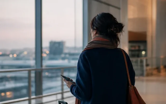 Une femme expatriée dans un lieu de transit consulte son téléphone près de sa valise