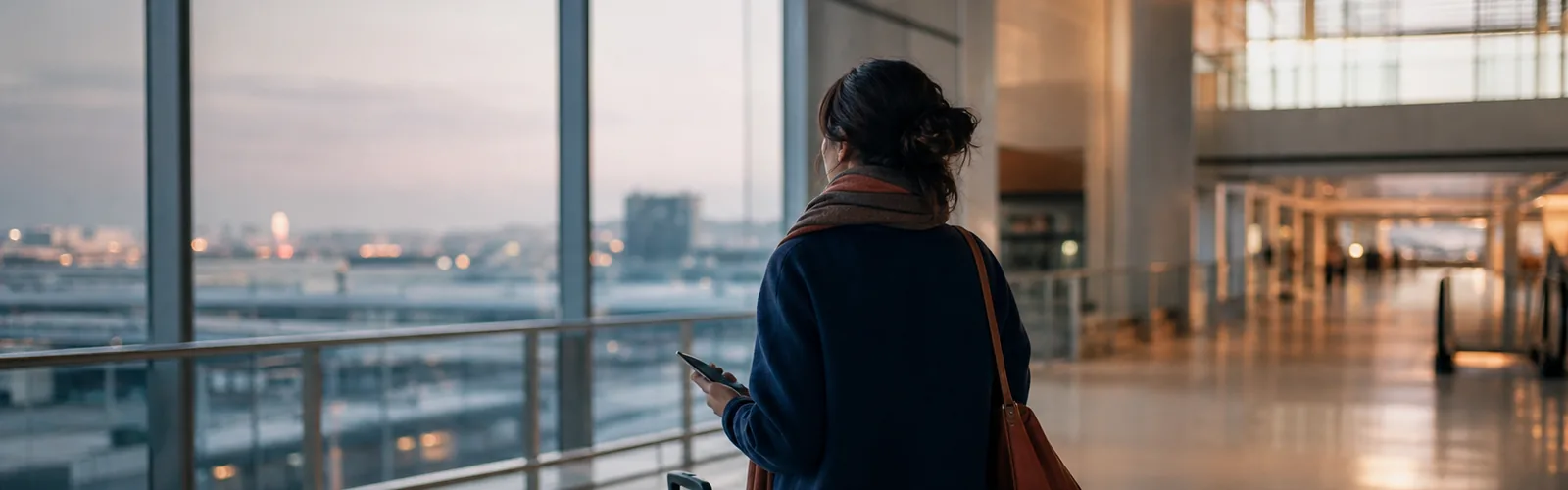 Une femme expatriée dans un lieu de transit consulte son téléphone près de sa valise