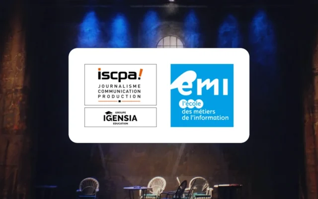Logos de l’ISCPA et de l’EMI (groupe IGENSIA Éducation) sur une scène de théâtre éclairée de projecteurs bleus